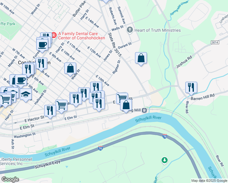 map of restaurants, bars, coffee shops, grocery stores, and more near 900 Spring Mill Avenue in Conshohocken