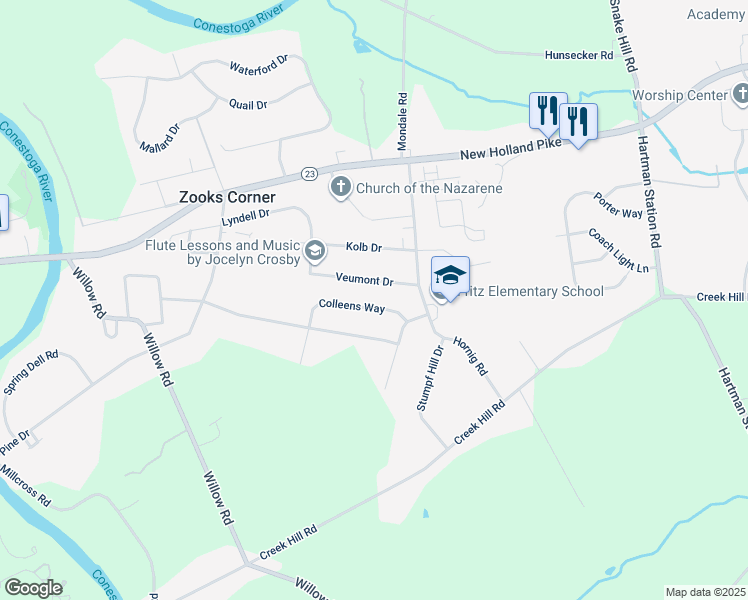 map of restaurants, bars, coffee shops, grocery stores, and more near 2157 Colleens Way in Lancaster
