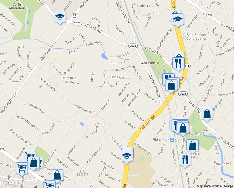 map of restaurants, bars, coffee shops, grocery stores, and more near 725 Spring Avenue in Elkins Park