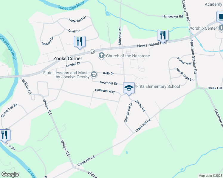 map of restaurants, bars, coffee shops, grocery stores, and more near 2157 Colleens Way in Lancaster