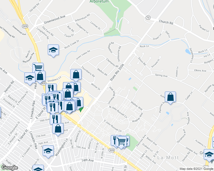 map of restaurants, bars, coffee shops, grocery stores, and more near 7743 Washington Lane in Montgomery County