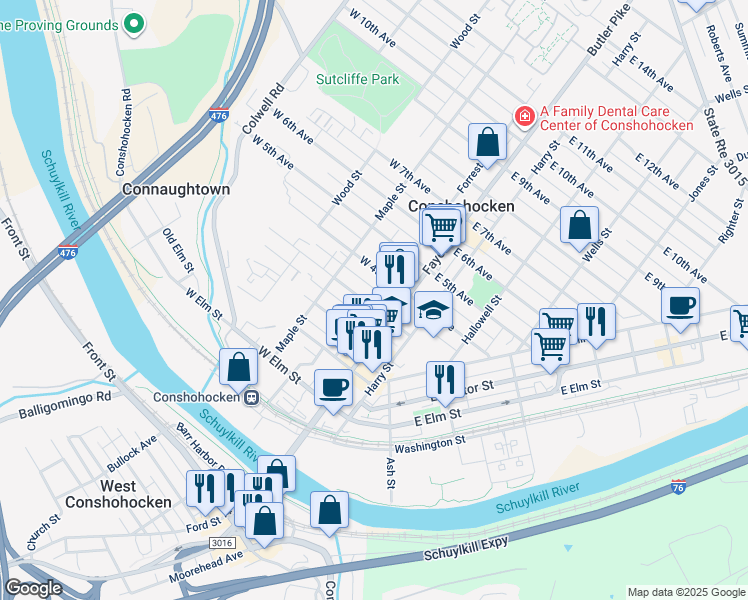 map of restaurants, bars, coffee shops, grocery stores, and more near 213A Forrest Street in Conshohocken