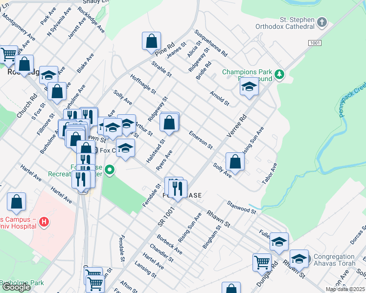 map of restaurants, bars, coffee shops, grocery stores, and more near 8130 Ferndale Street in Philadelphia