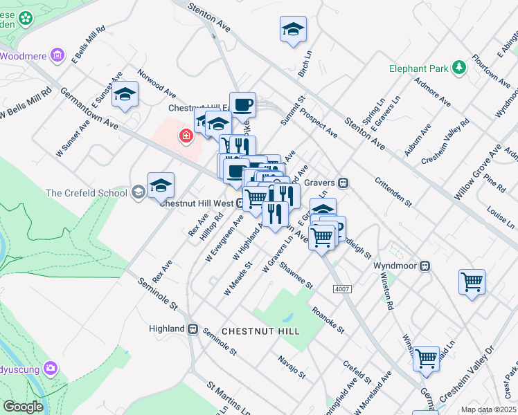 map of restaurants, bars, coffee shops, grocery stores, and more near 8520 Germantown Avenue in Philadelphia