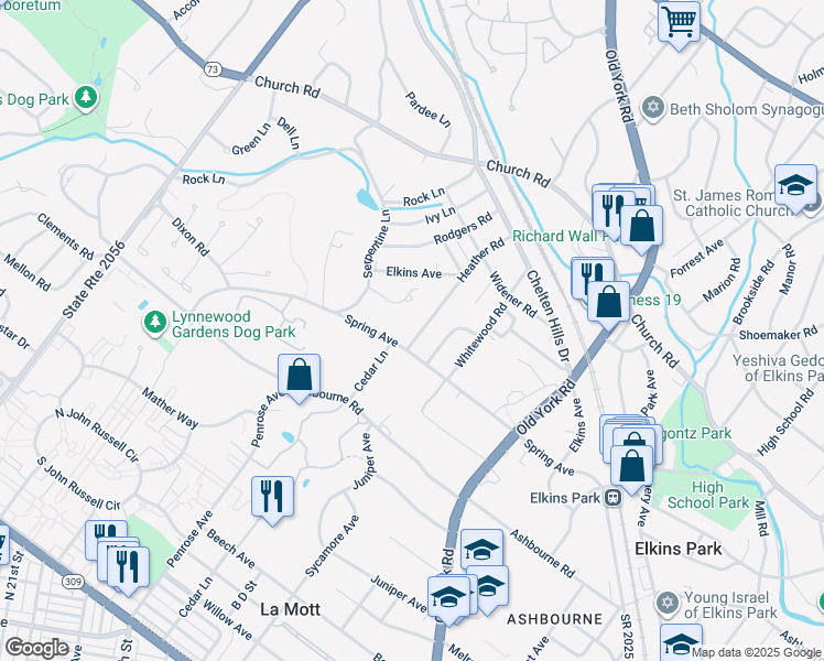 map of restaurants, bars, coffee shops, grocery stores, and more near 725 Spring Avenue in Elkins Park