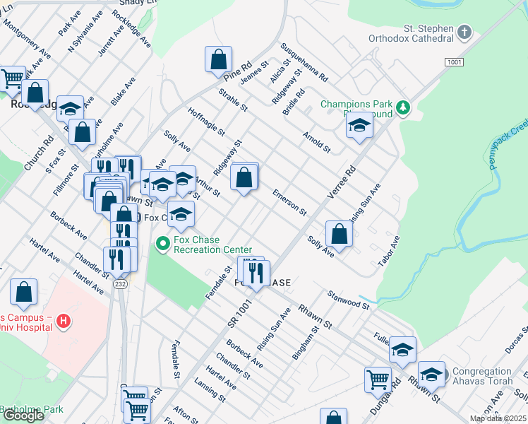 map of restaurants, bars, coffee shops, grocery stores, and more near 8130 Ferndale Street in Philadelphia