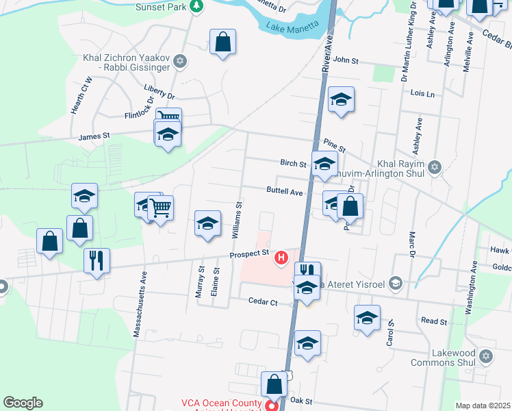 map of restaurants, bars, coffee shops, grocery stores, and more near 77 Williams Street in Lakewood
