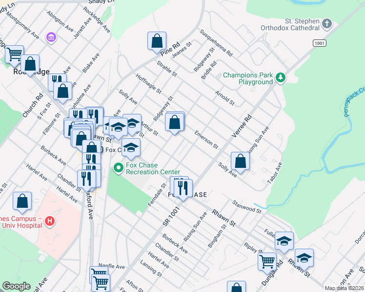 map of restaurants, bars, coffee shops, grocery stores, and more near 8108 Ferndale Street in Philadelphia
