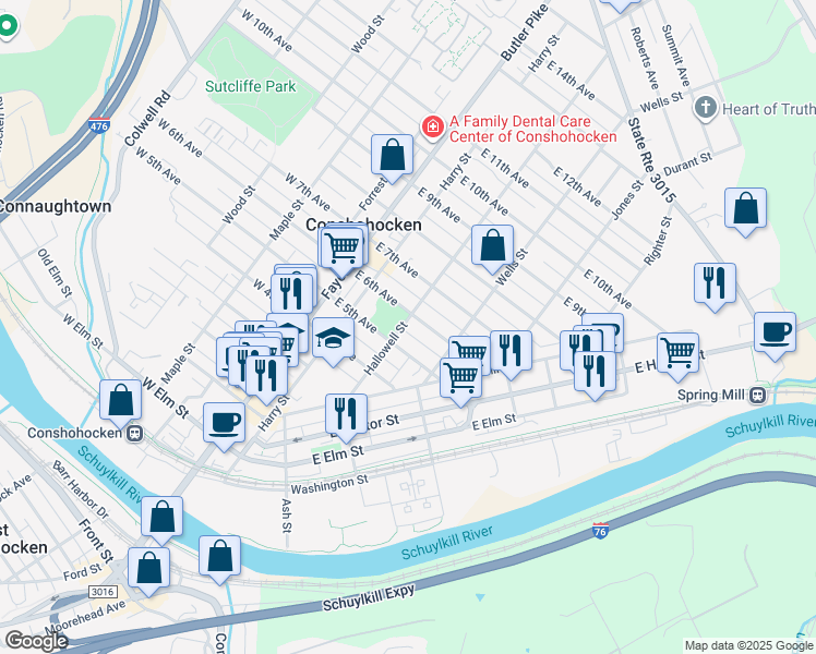 map of restaurants, bars, coffee shops, grocery stores, and more near 212 East 5th Avenue in Conshohocken