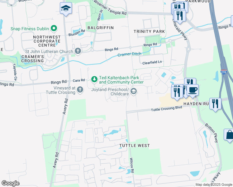 map of restaurants, bars, coffee shops, grocery stores, and more near 5823 Murray Circle in Dublin