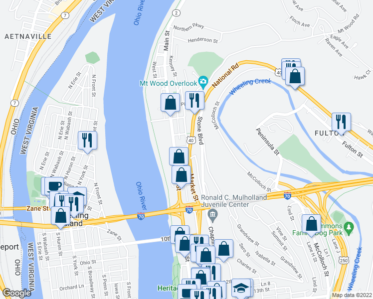 map of restaurants, bars, coffee shops, grocery stores, and more near 631 Market Street in Wheeling