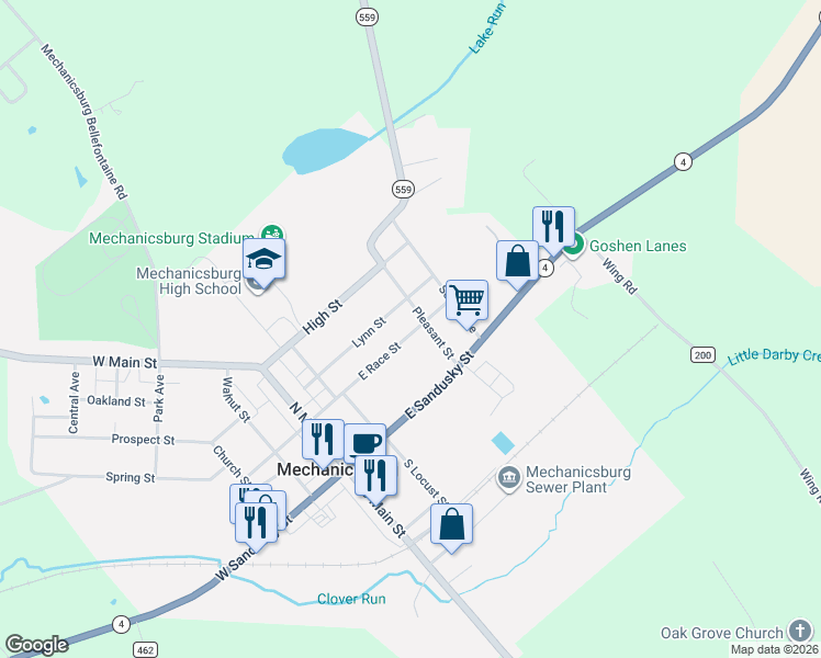 map of restaurants, bars, coffee shops, grocery stores, and more near 176 East Race Street in Mechanicsburg