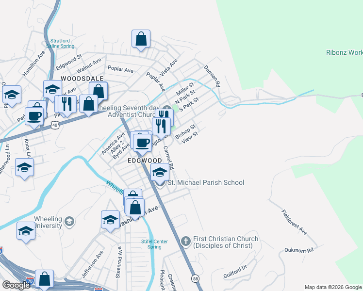 map of restaurants, bars, coffee shops, grocery stores, and more near 31 View Street in Wheeling