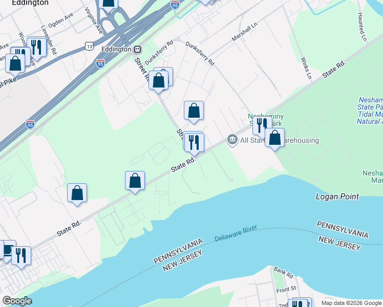 map of restaurants, bars, coffee shops, grocery stores, and more near 2953-2999 State Rd in Bensalem