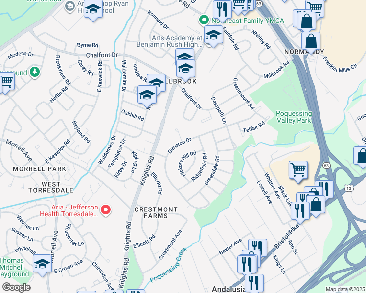 map of restaurants, bars, coffee shops, grocery stores, and more near 227 Dimarco Drive in Philadelphia