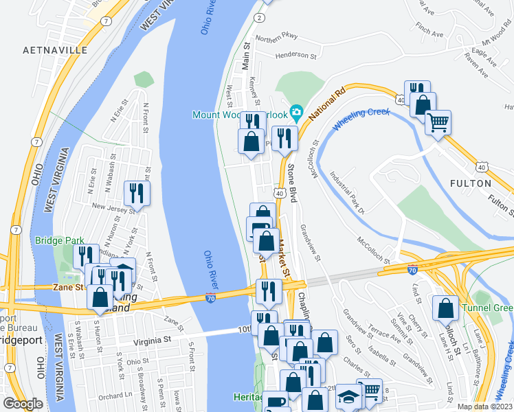 map of restaurants, bars, coffee shops, grocery stores, and more near 638 North Main Street in Wheeling