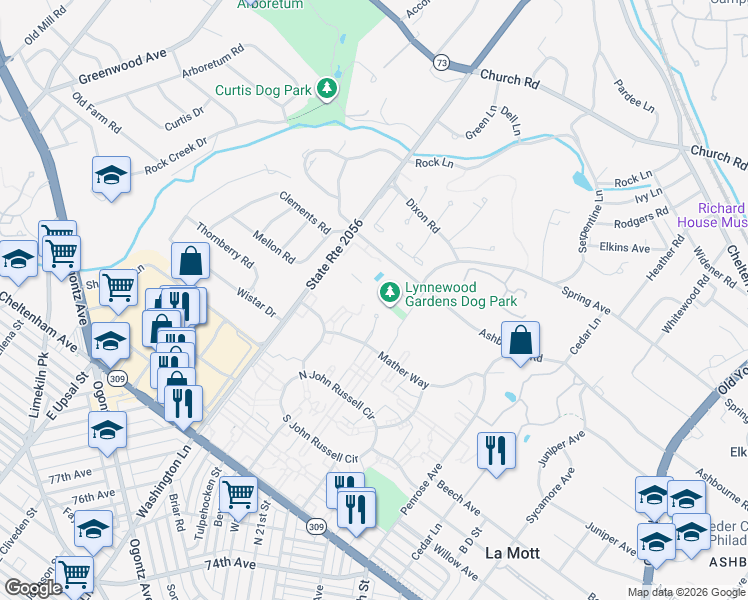 map of restaurants, bars, coffee shops, grocery stores, and more near 1950 Ashbourne Road in Elkins Park