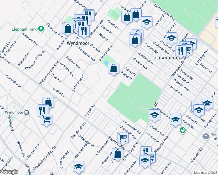 map of restaurants, bars, coffee shops, grocery stores, and more near 1046 Hazelwood Drive in Philadelphia