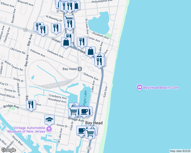 map of restaurants, bars, coffee shops, grocery stores, and more near 2 Twilight Road in Bay Head