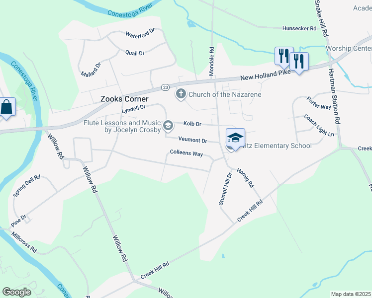 map of restaurants, bars, coffee shops, grocery stores, and more near 2149 Colleens Way in Lancaster