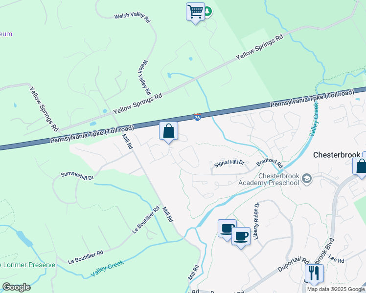 map of restaurants, bars, coffee shops, grocery stores, and more near 14 Militia Hill Drive in Chesterbrook