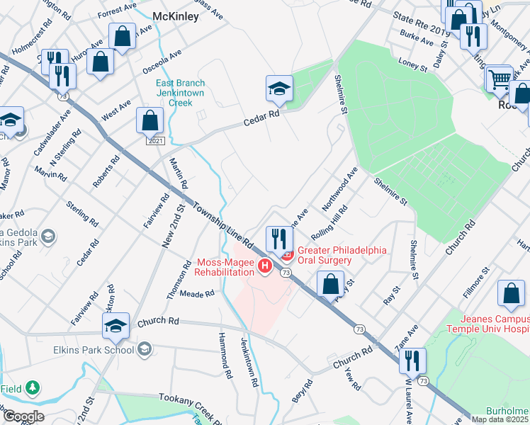 map of restaurants, bars, coffee shops, grocery stores, and more near 1608 Valley Glen Road in Elkins Park