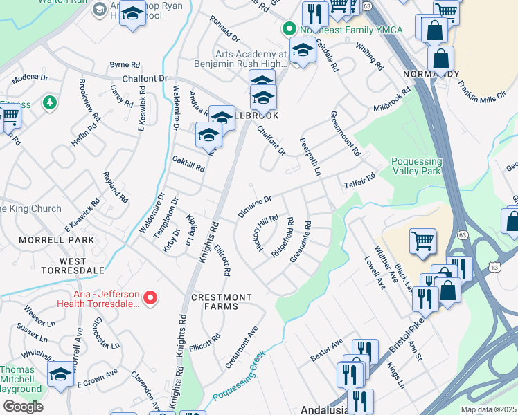 map of restaurants, bars, coffee shops, grocery stores, and more near 227 Dimarco Drive in Philadelphia
