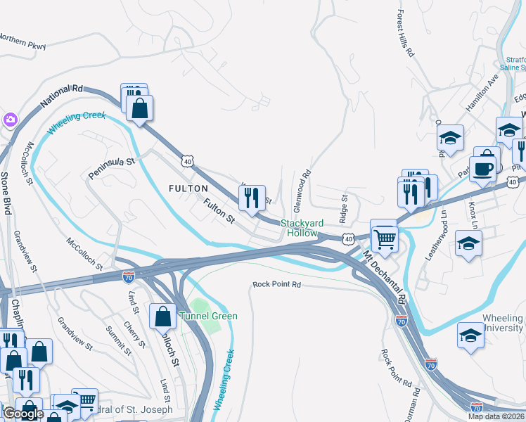 map of restaurants, bars, coffee shops, grocery stores, and more near 4 Fawn Street in Wheeling