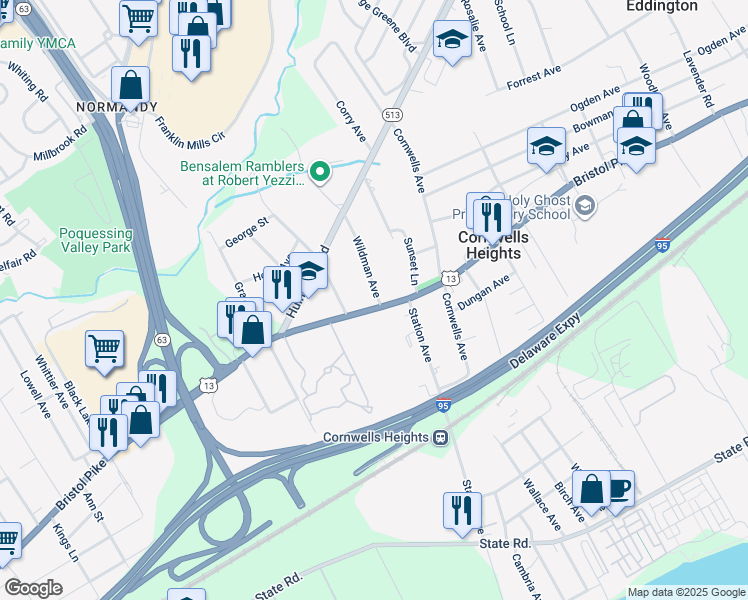 map of restaurants, bars, coffee shops, grocery stores, and more near 1848 Bristol Pike in Bensalem