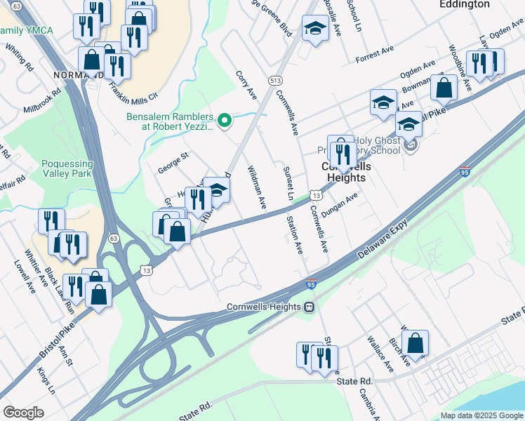map of restaurants, bars, coffee shops, grocery stores, and more near 1848 Bristol Pike in Bensalem