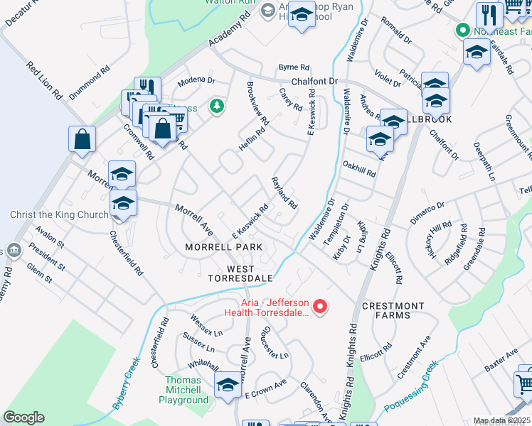 map of restaurants, bars, coffee shops, grocery stores, and more near 10751 East Keswick Road in Philadelphia