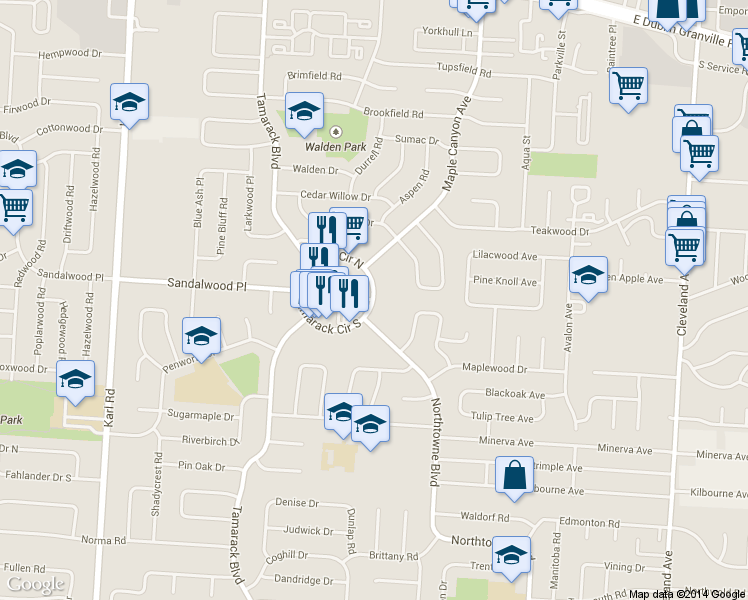 map of restaurants, bars, coffee shops, grocery stores, and more near 5298 Tamarack Circle East in Columbus