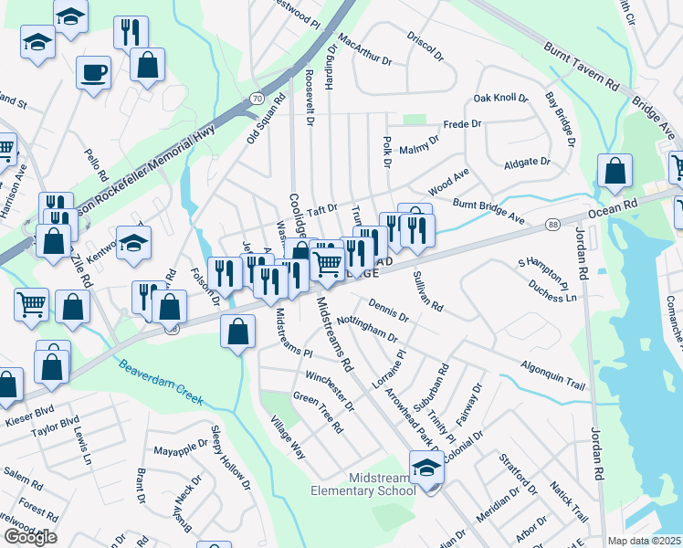 map of restaurants, bars, coffee shops, grocery stores, and more near 16 West Riverside Drive in Brick Township
