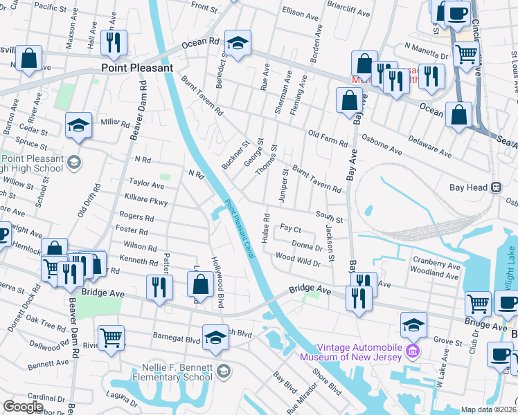 map of restaurants, bars, coffee shops, grocery stores, and more near 1422 Thomas Street in Point Pleasant