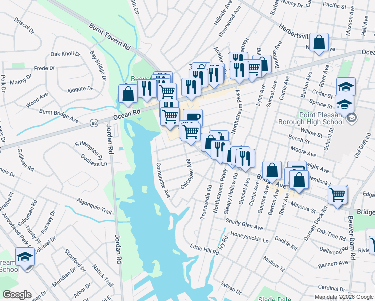 map of restaurants, bars, coffee shops, grocery stores, and more near 3208-60 Bridge Avenue in Point Pleasant