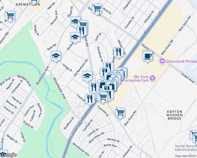 map of restaurants, bars, coffee shops, grocery stores, and more near 2101 Welsh Road in Philadelphia