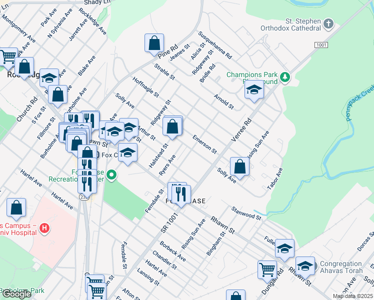 map of restaurants, bars, coffee shops, grocery stores, and more near 8132 Ferndale Street in Philadelphia