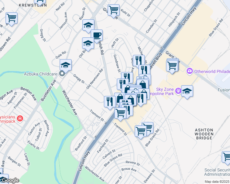 map of restaurants, bars, coffee shops, grocery stores, and more near 2101 Welsh Road in Philadelphia