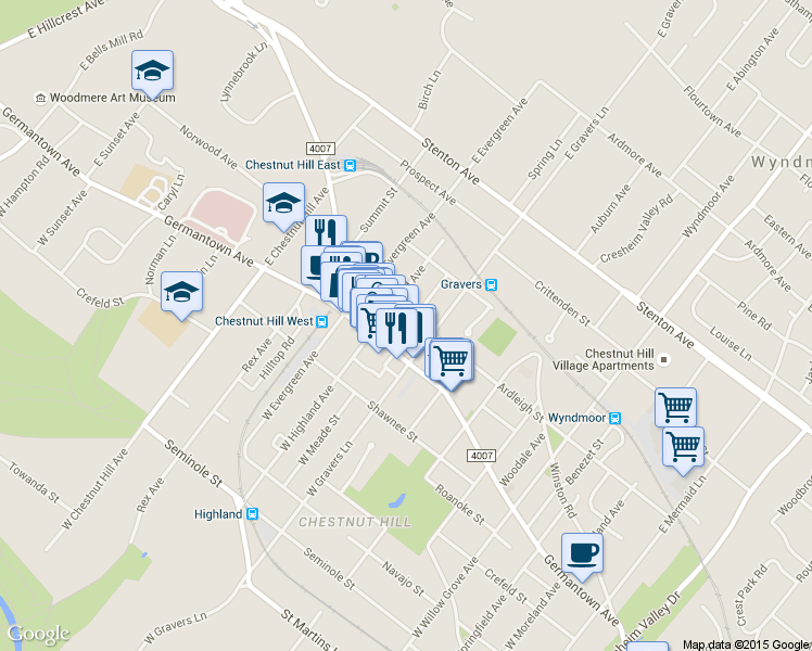 map of restaurants, bars, coffee shops, grocery stores, and more near 8426 Ardleigh Street in Philadelphia
