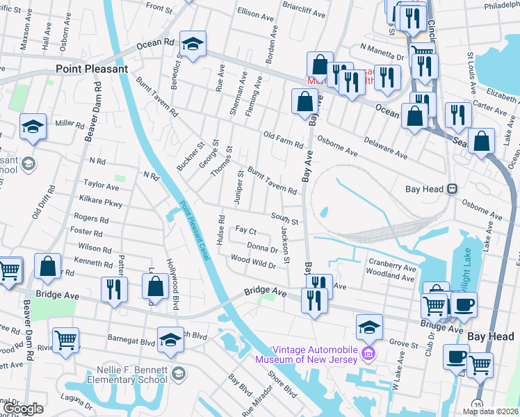 map of restaurants, bars, coffee shops, grocery stores, and more near 1409 Joseph Street in Point Pleasant