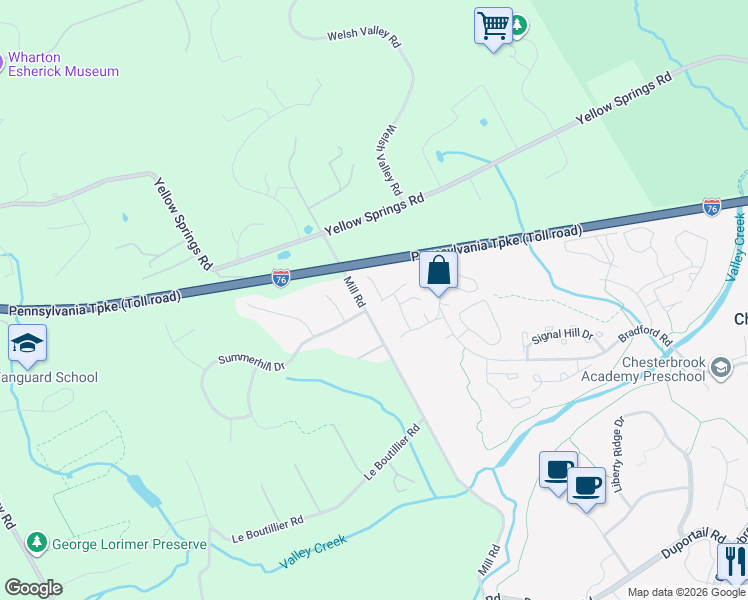 map of restaurants, bars, coffee shops, grocery stores, and more near 1084 Armstrong Court in Chesterbrook
