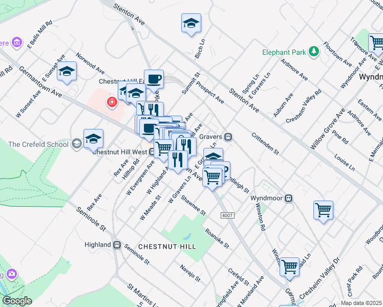 map of restaurants, bars, coffee shops, grocery stores, and more near 8426 Ardleigh Street in Philadelphia