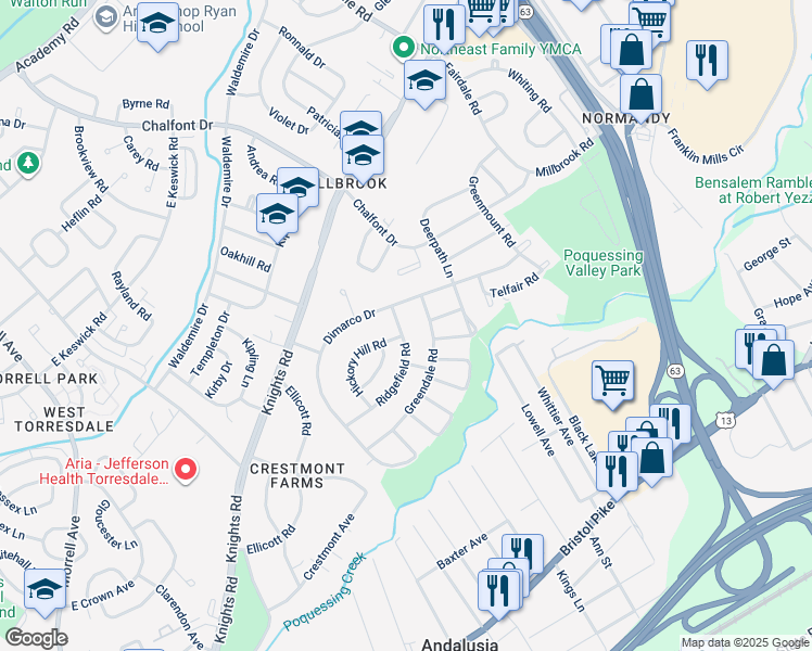 map of restaurants, bars, coffee shops, grocery stores, and more near 227 Ridgefield Road in Philadelphia