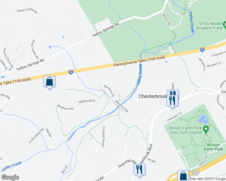 map of restaurants, bars, coffee shops, grocery stores, and more near 4 Rampart Drive in Chesterbrook