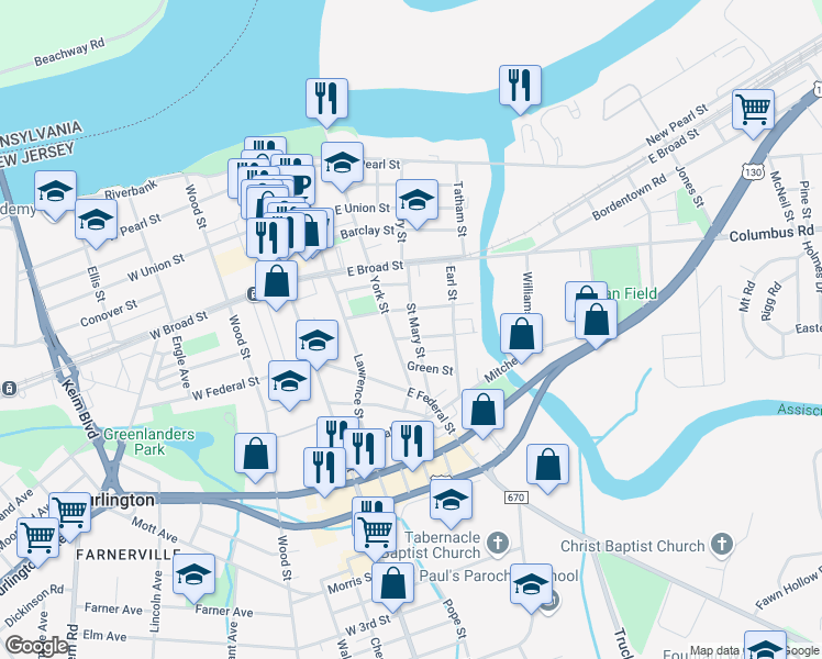 map of restaurants, bars, coffee shops, grocery stores, and more near 307 Clarkson Street in Burlington