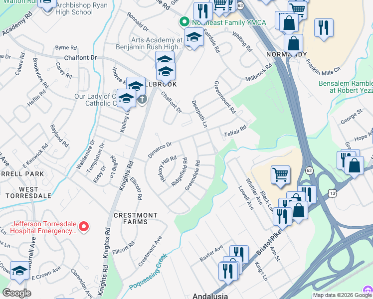 map of restaurants, bars, coffee shops, grocery stores, and more near 257 Dimarco Drive in Philadelphia