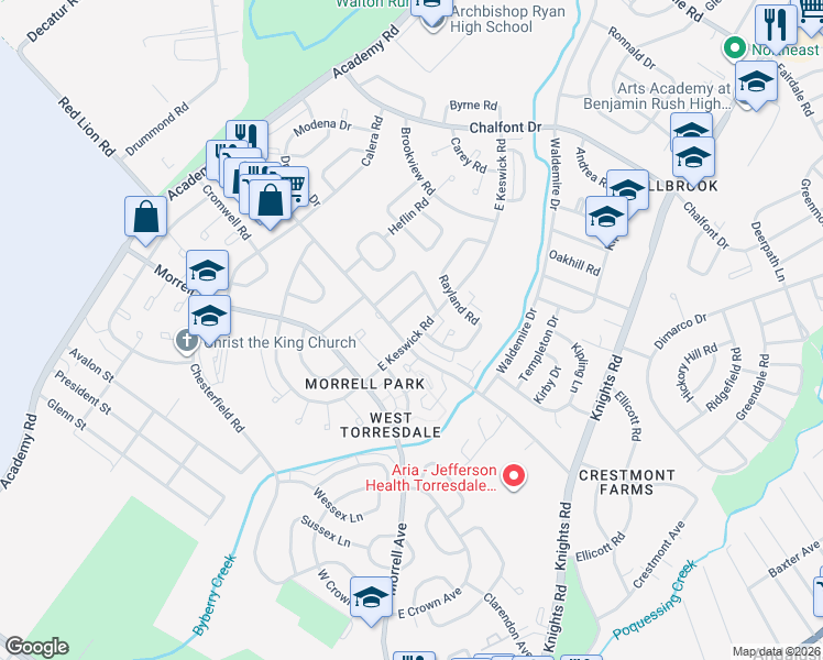 map of restaurants, bars, coffee shops, grocery stores, and more near 10714 Philcrest Road in Philadelphia