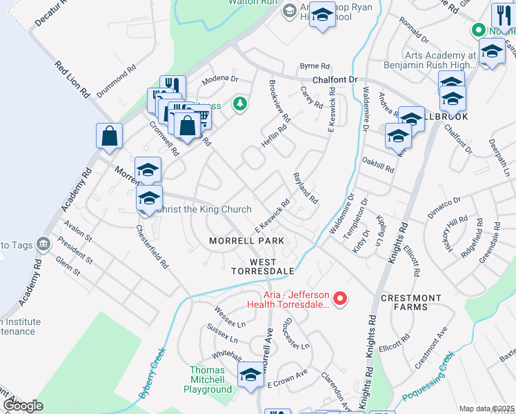 map of restaurants, bars, coffee shops, grocery stores, and more near 10714 Philcrest Road in Philadelphia