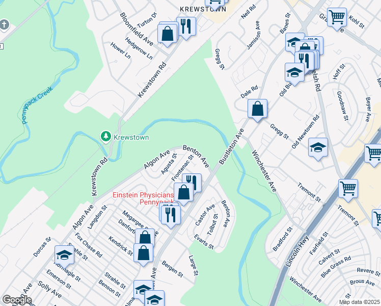map of restaurants, bars, coffee shops, grocery stores, and more near 8744 Frontenac Street in Philadelphia