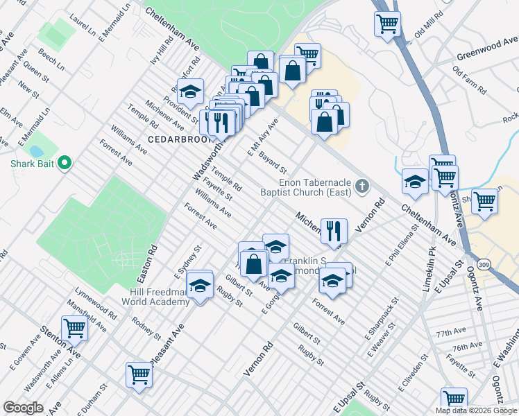 map of restaurants, bars, coffee shops, grocery stores, and more near 8222 Michener Avenue in Philadelphia